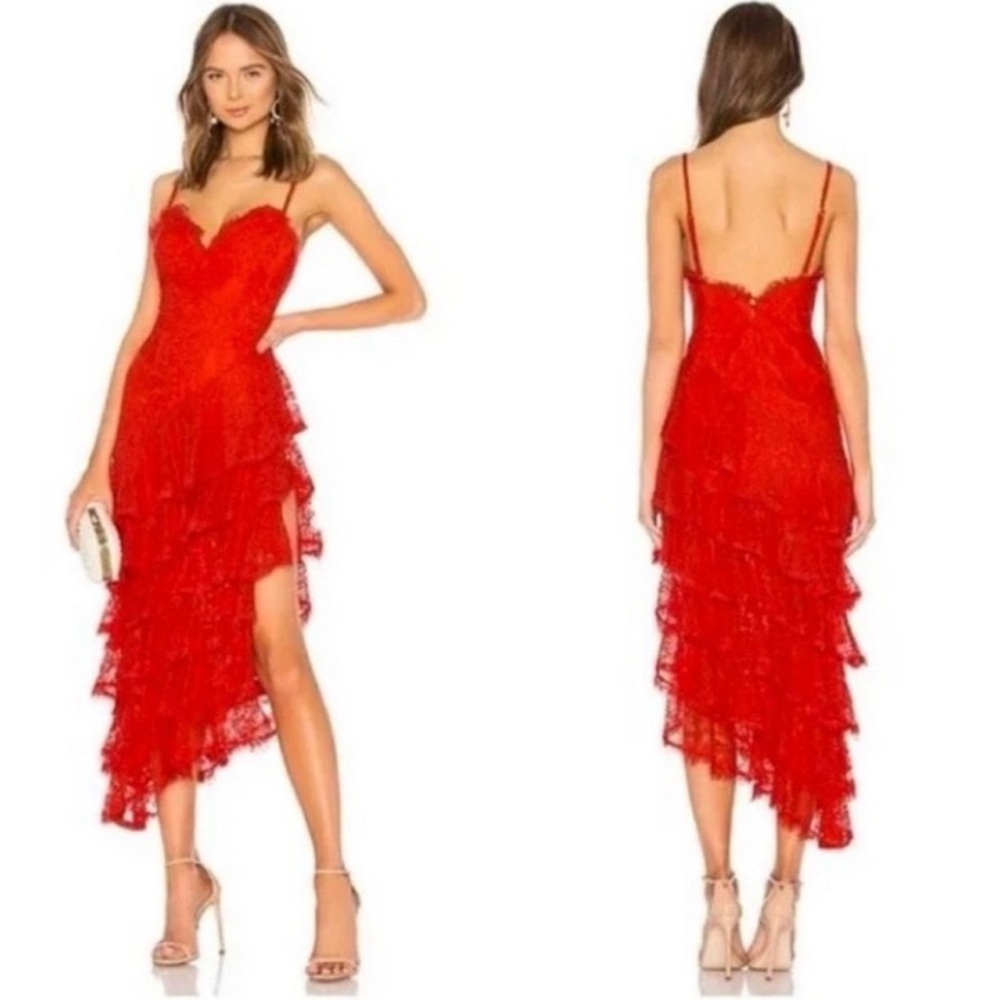 MAJORELLE Revolve Oracle Gown in Red Lace Tiered S
